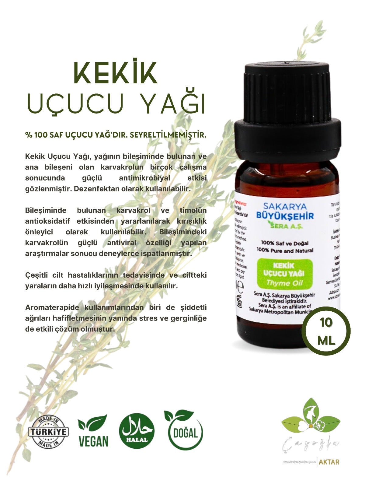 SBS-Sakarya Büyükşehir Sera A.Ş- Kekik Yağı-10ML-100%Saf Ve Doğal