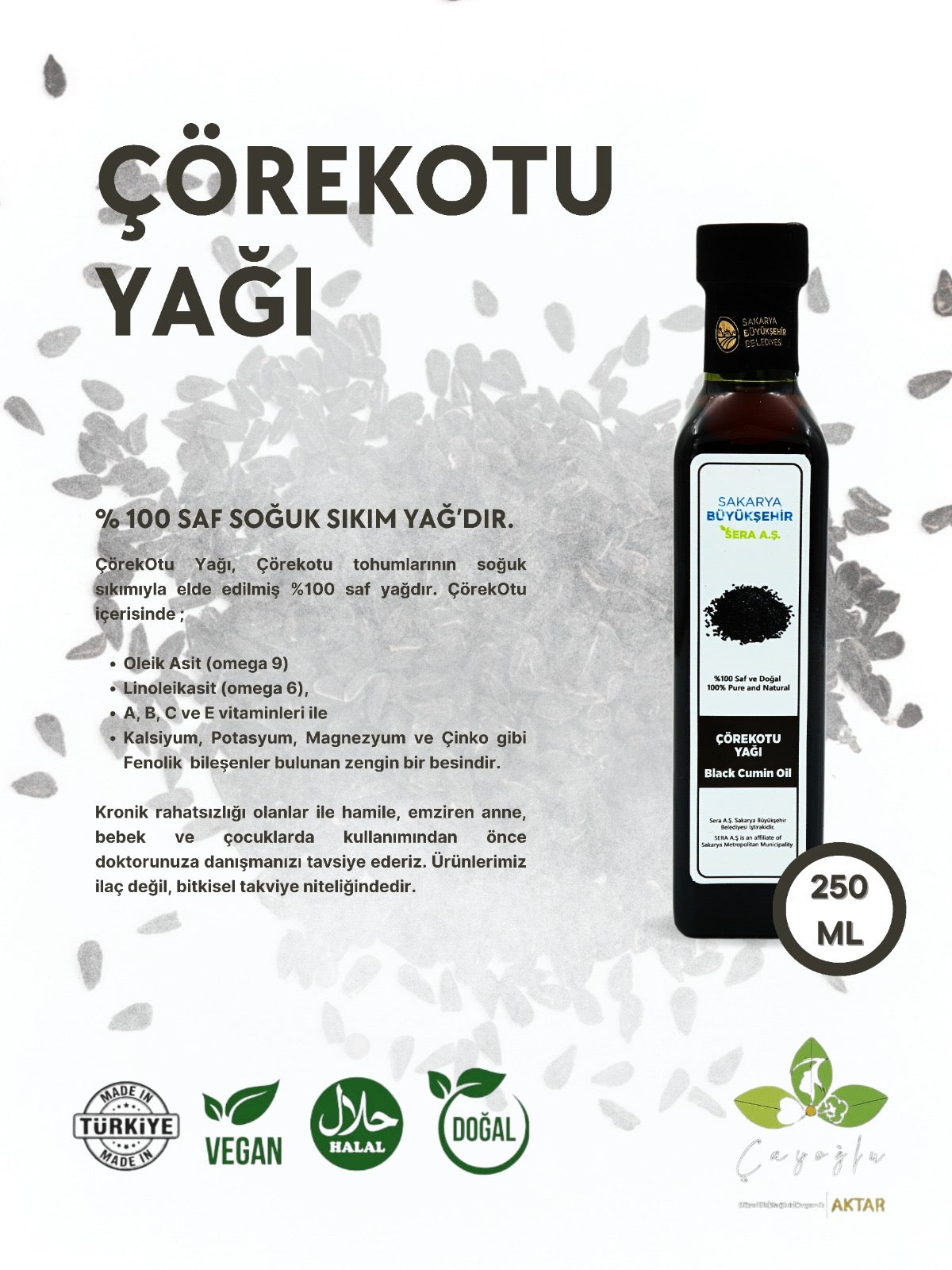 SBS -Sakarya Büyükşehir Sera A.Ş - 250 ML - Çörek Otu Yağı -%100 Saf Ve Doğal